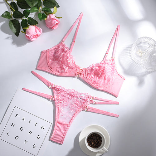 New Floral Embroidery Lingerie Set Women's Underwear Erotic Sensual Lingerie Transparent Girl Pink Sexy Lace Bra Underwear