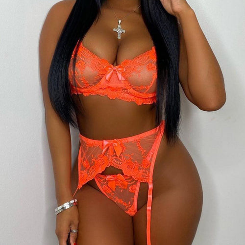 New Floral Embroidery Mesh Lingerie Underwear Set Women's Lace Gathered Underwire Bow-Knot Bra and Garters Panties 3PCS Set