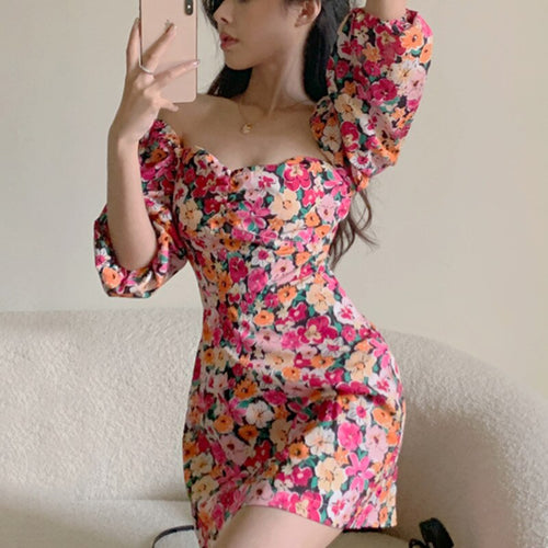 New Floral Square Collar Mini Dress Women Summer Holiday Dresses 2021 Vintage Sexy Boho Backless Puff Sleeve Robe Beach Vestidos