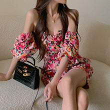 Load image into Gallery viewer, New Floral Square Collar Mini Dress Women Summer Holiday Dresses 2021 Vintage Sexy Boho Backless Puff Sleeve Robe Beach Vestidos