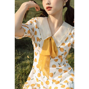 New French Retro Summer Doll Collar Playful Cute Orange Print Dress Female Gentle Elegant Ulzzang College Leisure Picnic Summer