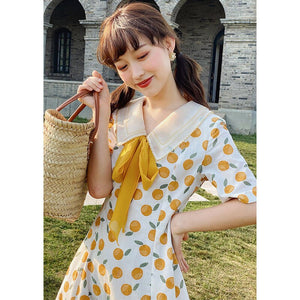 New French Retro Summer Doll Collar Playful Cute Orange Print Dress Female Gentle Elegant Ulzzang College Leisure Picnic Summer