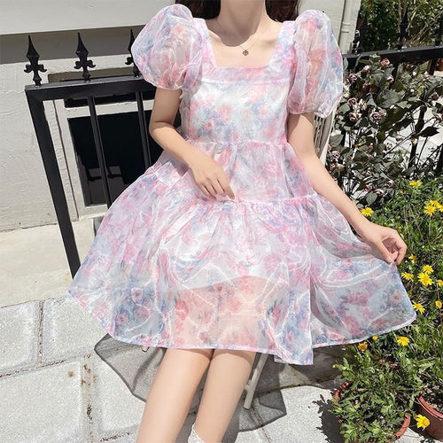 New French Vintage Mesh Puff Sleeve Floral Dress for women 2022 Summer Kawaii princess skirt Sweet Fairy Dress