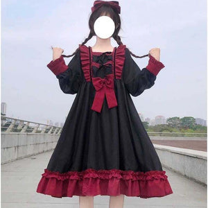 New Fresh Fungus Bow Cute Dresses Long Sleeve Spring Lace Up Vestidos Japanese Kawaii Clothing 2022 Sweet Lolita Dress Women