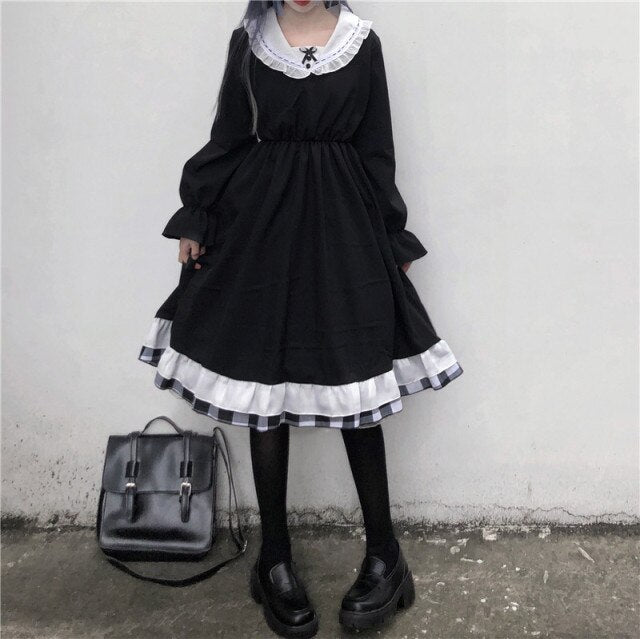 New Fungus Lolita Dress Women 2022 Long Sleeve Bow Black Dresses Harajuku Spring Slim Waist Sweet Teen Girls Vestidos Mujer