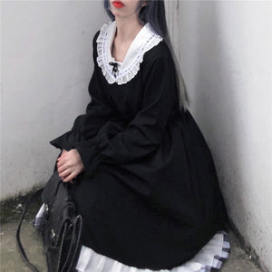 New Fungus Lolita Dress Women 2022 Long Sleeve Bow Black Dresses Harajuku Spring Slim Waist Sweet Teen Girls Vestidos Mujer