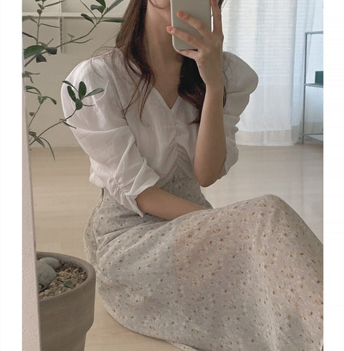 New Girls Summer Blouse Women Suit Shirt Short Sleeves Tops High Waist Long Print A Line Skirts Two Piece Suits Sell Separately