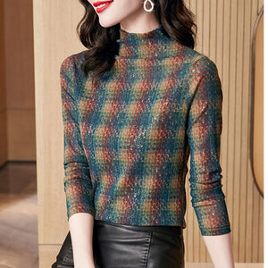 New High-Neck Green Plaid Bronzing Long-Sleeved Mesh Bottoming Shirt Fashion Casual Autumn Winter Women's T-Shirt