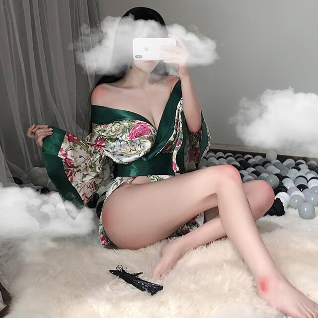 New Japanese Kimono Soft Printing Bow-Knot Waistband Maid Costume Woman Sexy Low-Cut Slit Nightgown Erotic Lingerie