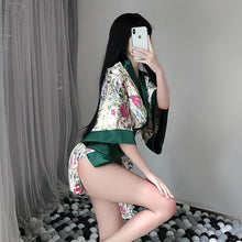 Load image into Gallery viewer, New Japanese Kimono Soft Printing Bow-Knot Waistband Maid Costume Woman Sexy Low-Cut Slit Nightgown Erotic Lingerie