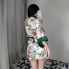 Load image into Gallery viewer, New Japanese Kimono Soft Printing Bow-Knot Waistband Maid Costume Woman Sexy Low-Cut Slit Nightgown Erotic Lingerie