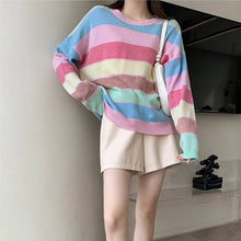 Load image into Gallery viewer, New Korean Sweet Sweater Female Autumn Long-sleeve Round Neck Wild Striped Design Rainbow Pullover Loose Casual Women Clothing