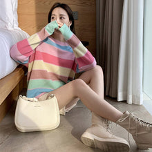 Load image into Gallery viewer, New Korean Sweet Sweater Female Autumn Long-sleeve Round Neck Wild Striped Design Rainbow Pullover Loose Casual Women Clothing