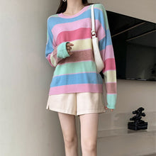 Load image into Gallery viewer, New Korean Sweet Sweater Female Autumn Long-sleeve Round Neck Wild Striped Design Rainbow Pullover Loose Casual Women Clothing