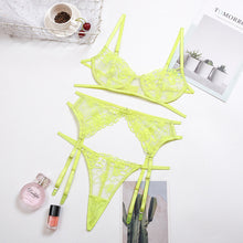Load image into Gallery viewer, New Lace Embroidered Sexy Lingerie Set Underwire Garters Bra Panties Transparent Erotic Thong Suit Erotic Costumes 3PCS Set