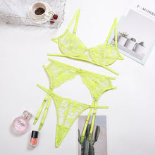 Load image into Gallery viewer, New Lace Embroidered Sexy Lingerie Set Underwire Garters Bra Panties Transparent Erotic Thong Suit Erotic Costumes 3PCS Set