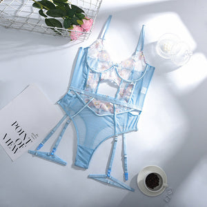 New Lace Floral Embroidery Lingerie Bodysuit Straps Women Sexy Mesh See-Through Bra with Garter Exotic Sensual Lingerie Bodysuit