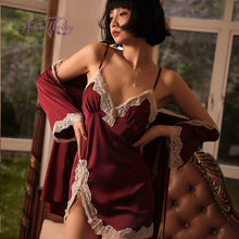 Load image into Gallery viewer, New Luxury Sleepwear Robe Sets Sexy Ice Silk Lace-up Bathrobe Pajama Set Dressing Gown for Women Embroidery Silky Homewear