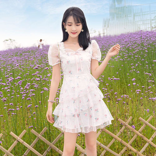 New Mesh Embroidery Sweet Fairy Dress Kawaii Princess Cake Skirt Summer Gentle Elegant Leisure Travel Shopping Mini Dress Women