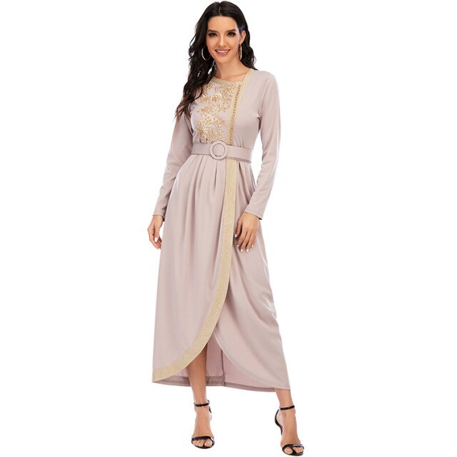 New Muslim Dress With Embroidery And Beaded Long Slim Dress With Belt Moroccan Oriental  Djellaba  2021women's Clothing Dress