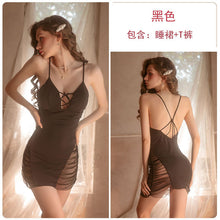 Load image into Gallery viewer, New Nightgowns Women&#39;s Sexy Lingerie Deep V Hollow Out Pleats Suspender Nightdress Femme Satin Mesh Erotic Hot Nightwear