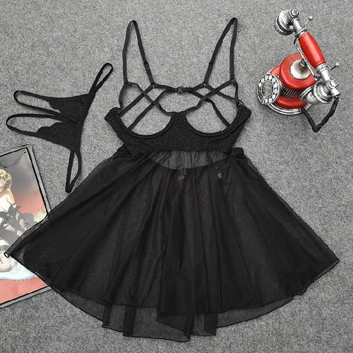 New Open Chest Sexy Babydoll Lingerie Dress Women Suspender Nightdress Lace Mesh Seductive Nightgown Sleepwear Night Dress