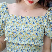 Load image into Gallery viewer, New Print Flowers Mini Dress Summer French Square Neck Puff Sleeve High Waist Many Ruffle Slim Elegant Vestidos Mujer Women Robe