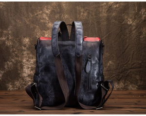 New Retro Women Craft Backpack Large-Capacity Stitching Contrast Color Top Layer Cowhide Casual Travel Simple Female Bag