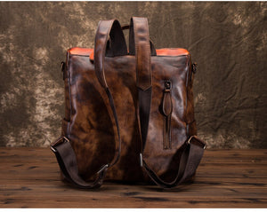 New Retro Women Craft Backpack Large-Capacity Stitching Contrast Color Top Layer Cowhide Casual Travel Simple Female Bag
