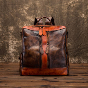 New Retro Women Craft Backpack Large-Capacity Stitching Contrast Color Top Layer Cowhide Casual Travel Simple Female Bag