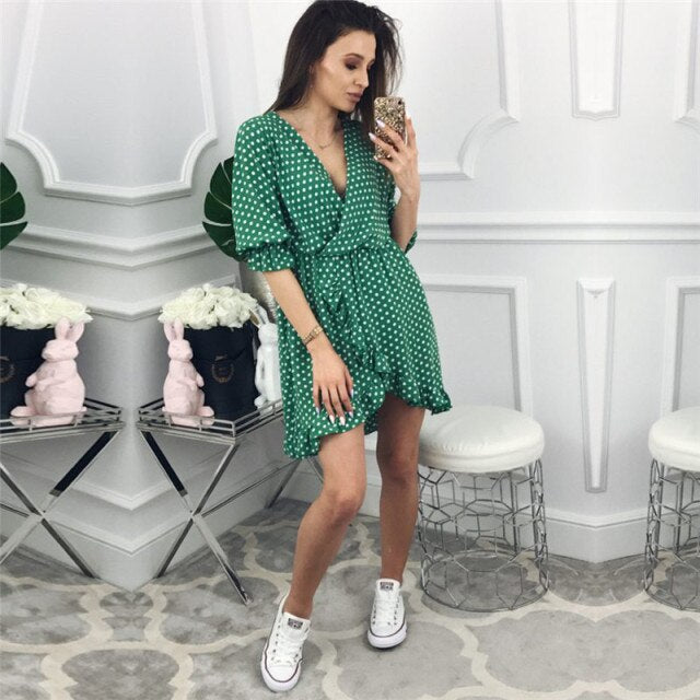 New Ruffle Print Polka Dot Women Dress Sexy Beach Wrap Dress Vintage Half Sleeve Summer Party Mini Dresses Vestidos