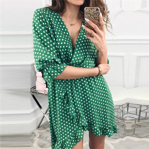 New Ruffle Print Polka Dot Women Dress Sexy Beach Wrap Dress Vintage Half Sleeve Summer Party Mini Dresses Vestidos