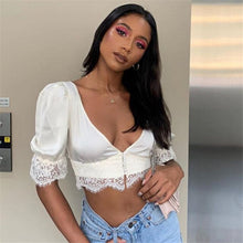Load image into Gallery viewer, New Sexy 2021 Women Top Puff Sleeve Lace Summer White V Neck Short Cardigan Tops Lady Fashion Polyester Solid Slim