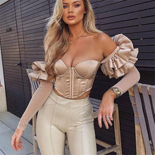 Load image into Gallery viewer, New Sexy Women Top 2021 Summer Strapless Butterfly Sleeve Net Yarn Patchwork Crop Tops Slash Neck Purple Beige