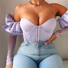 Load image into Gallery viewer, New Sexy Women Top 2021 Summer Strapless Butterfly Sleeve Net Yarn Patchwork Crop Tops Slash Neck Purple Beige