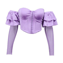 Load image into Gallery viewer, New Sexy Women Top 2021 Summer Strapless Butterfly Sleeve Net Yarn Patchwork Crop Tops Slash Neck Purple Beige