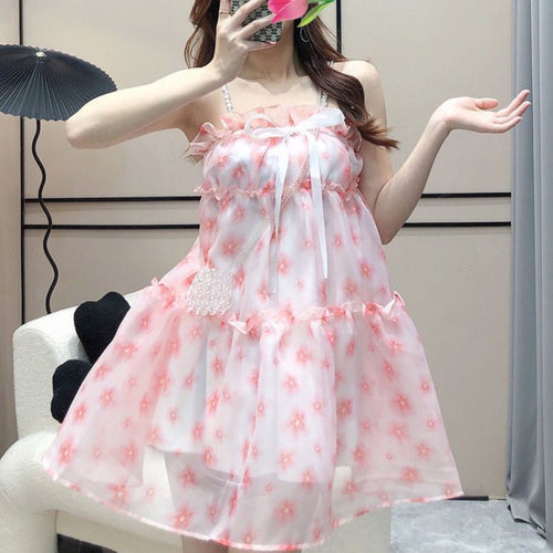 New Sleeveless Beaded Strap Summer Dress Women Print Floral A-Line Kawaii Japanese Sweet Girls Mini Dress Chic Fairy vestidos