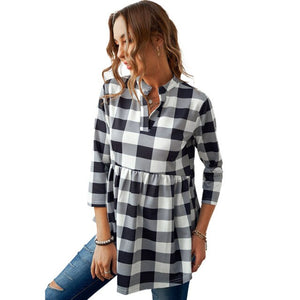 New Spring Autumn Women Long Sleeve V Neck T-Shirt Tops Collar Classic Casual Loose Plaid Print Shirt  Long Shirts