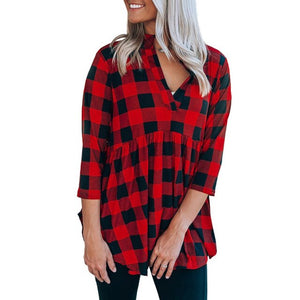 New Spring Autumn Women Long Sleeve V Neck T-Shirt Tops Collar Classic Casual Loose Plaid Print Shirt  Long Shirts