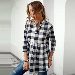 New Spring Autumn Women Long Sleeve V Neck T-Shirt Tops Collar Classic Casual Loose Plaid Print Shirt  Long Shirts