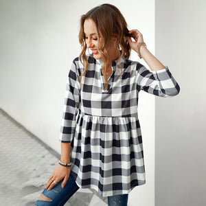 New Spring Autumn Women Long Sleeve V Neck T-Shirt Tops Collar Classic Casual Loose Plaid Print Shirt  Long Shirts