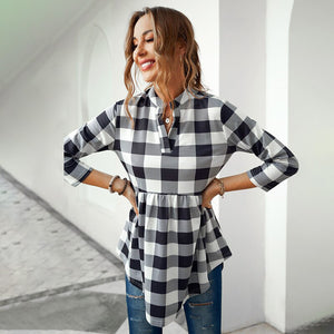 New Spring Autumn Women Long Sleeve V Neck T-Shirt Tops Collar Classic Casual Loose Plaid Print Shirt  Long Shirts