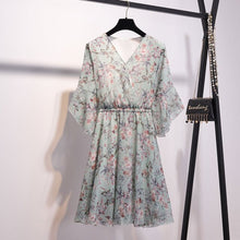 Load image into Gallery viewer, New Spring Summer Chiffon Dress Women V-Neck Ruffle Sleeve Floral Print Dresses Sweet Slim Elastic Waist Mid-length Ladies Dress