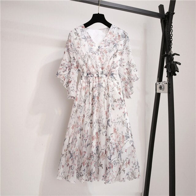 New Spring Summer Chiffon Dress Women V-Neck Ruffle Sleeve Floral Print Dresses Sweet Slim Elastic Waist Mid-length Ladies Dress