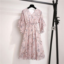 Load image into Gallery viewer, New Spring Summer Chiffon Dress Women V-Neck Ruffle Sleeve Floral Print Dresses Sweet Slim Elastic Waist Mid-length Ladies Dress