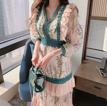 Load image into Gallery viewer, New Spring Women Party Dress Elegant Sweet Floral Embroidery Lace Patchwork Mesh Ruffles V Neck Casual Maxi Dress Vestidos