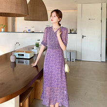 Load image into Gallery viewer, New Summer High Waist Casual Dress Ladies French Chiffon Purple Floral V-neck Short Sleeve Long A-Line Dress Women Dress