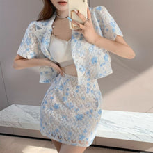 Load image into Gallery viewer, New Summer Korean Sweet Jacquard 2 Piece Set Women Crop Top Short Sleeve Shirt Blouse + Sheath Bodycon Skirts Sets Casual Suits