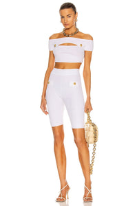 New Summer White Two-Piece Set Women'S Sexy Corset Top High Waist Pants Club Celebrity Party Shorts Suit