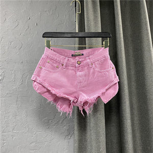 New Summer Women Fruit Green Denim Shorts Sexy Low-rise A-line Tassel Short Hot Pants Ladies Fashion Personality Pocket Pink